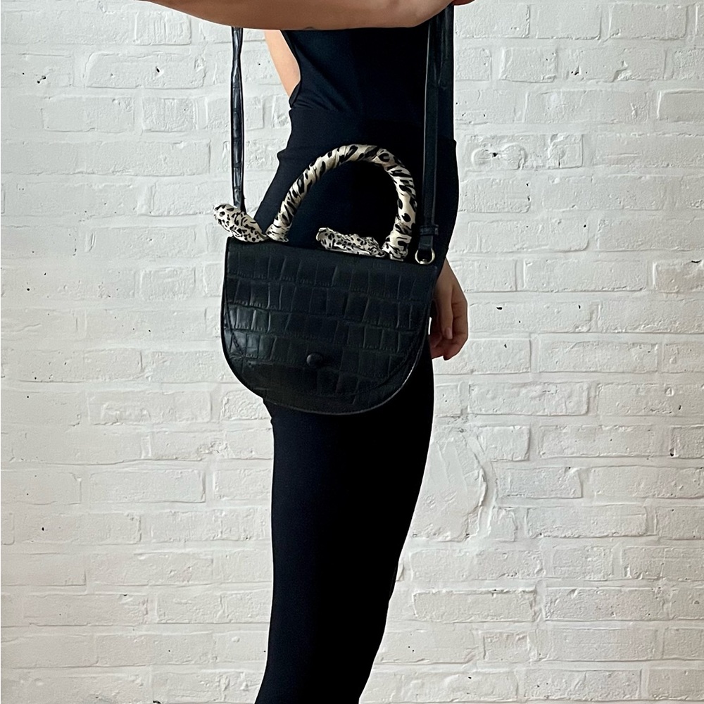 Faux crocodile skin with leopard scarf shoulder bag